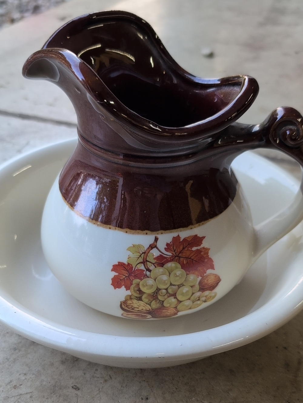 McCoy Bundle Wash BasVintage Ceramic Pitcher with Grape Motif in Brown and White